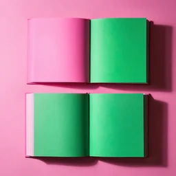 flatlay book collection, vivid colors, dramatic lighting, pink and green