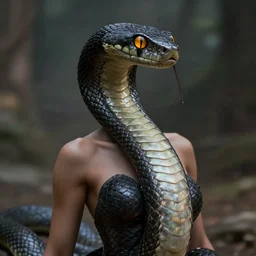 snake human hybrid, chest up human lower half snake, black scales, bright amber eyes, chest covered in scales, scales on her chest, formless brests, flat chest, smileing nright, cinematographic shot, artstation, haahn trinh, naga