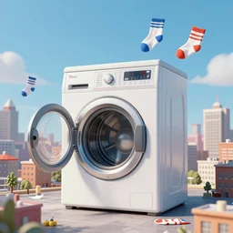 giant washing machine attacking city, flying socks, 1 9 5 0 s science fiction poster, retrofuturism, atompunk, behance, trending on artstation,