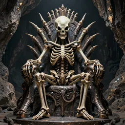 hyper realistic photography of intricate horrific alien bone skeleton god sitting on iron throne in a rocky cave detailed, artstation, cgsociety