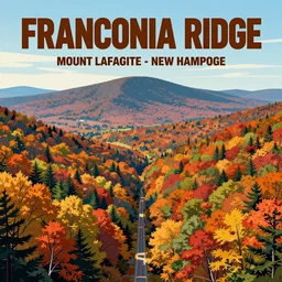 tourism poster, franconia ridge, mount lafayette, new hampshire, symmetrical, landscape, comic book art, autumn, rule of thirds, minimalist, vibrant color scheme