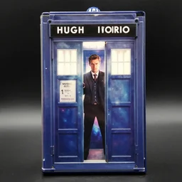 product photo still of vhs cover of hugh laurie as doctor who in front of a nebula through the open door of the tardis on a vhs box