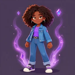 [ hazel levesque ] a dark skinned fourteen year old black girl with curly brown hair and amber eyes, [ fullbody ], wearing a purple shirt and a blue jean jacket, jeans, sneakers, powerful, adorable, gem and magic theme, sorceress daughter of pluto, art by loish, stanley lau, greg rutkowski, wlop, annie leibovitz