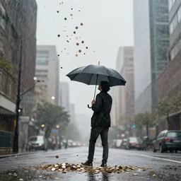 coins and money falling from the sky and hits a man with a umbrella in a city, coins, money, rain, realistic art, 8 k photography