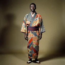 analogue photo of an african chief wearing a colourful Japanese Kimono, african facial features, full body shot, rembrandt lighting, 35mm, f/1.4, photographed by Philippe Halsman,