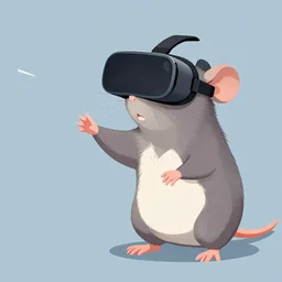 “illustration of a rat wearing virtual reality goggles and reaching for an imaginary object. Background is a sci-fi setting. Pulp sci-fi magazine cover illustration”
