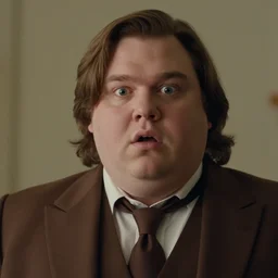 Close up portrait of a clean-shaven chubby man with medium length brown hair wearing a chocolate brown suit and necktie. Photorealistic. Award winning. 35mm movie film still. Intricate details. UHD 8K. He looks very shocked.