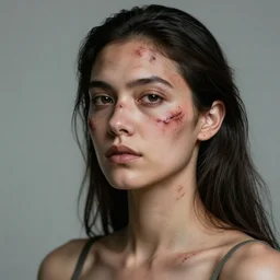 a realistic portrait of a woman with scars on the face, volumetric lighting