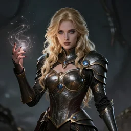 an armored blonde - haired woman, aura of magic around her, gloomy atmosphere, trending on artstation, hyper detailed
