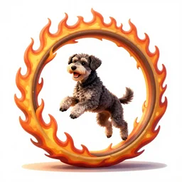 A Schnoodle dog jumping through a ring of fire, illustration, 4k, zbrush