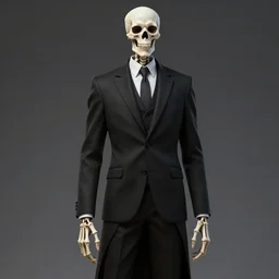 DND character, skeleton, Tall skeletal figure, wearing a deep black suit and tie and top hat. golden cane in his right. Light blue flames envelop his whole body