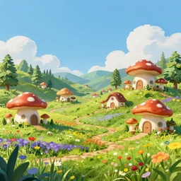Realistic digital art of mushroom cottage village on a colorful meadow, cottagecore vista concept art by Ed Binkley