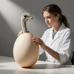 Researcher measures an ostrich egg, fantasy art by Anna Dittman