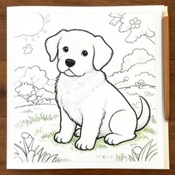 coloring book page of a puppy sitting on a grassy lawn