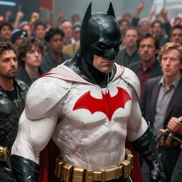 muscular hypertrophy dark old armored batman fighting a large crowd, white jacket with fine red design details, cinematic lighting, global ilumination, sharp focus, vivid color scheme, hyper realistic digital painting fantasy art by cristian sauret, greg rutkowski, lee bermejo, artgerm, makoto shinkai and clay mann