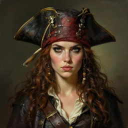 portrait of a young woman pirate fierce, intricate, elegant, highly detailed, digital painting, artstation, concept art, smooth, sharp focus, illustration, art by artgerm and greg rutkowski and alphonse mucha, 8 k