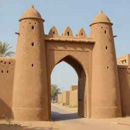 High-quality painting of a West African city gate made of mud bricks, very detailed, peaceful, digital art.