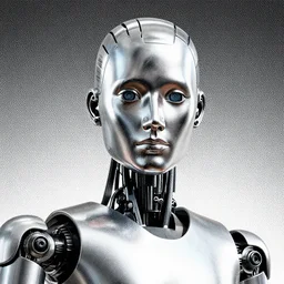 an artificial robot made in the shape of a man, human steel face, halftone effect