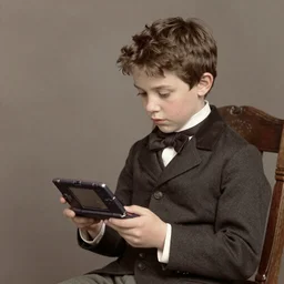 a victorian era photograph of a young boy using a nintendo 3ds