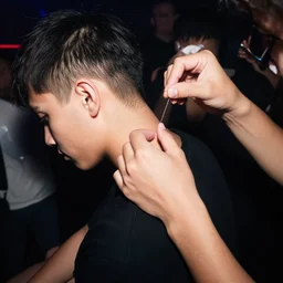 photo boy being pricked by another person with a small needle in a nightclub