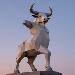 sculpture of moloch, low poly, digital art, classical art, sharp focus, clear sky, muscular bull headed man, twilight sky