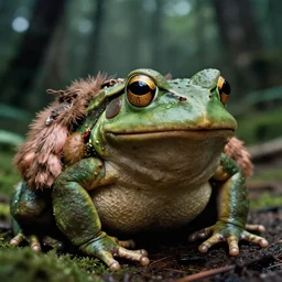 macro medium shot, rugged anthropomorphic muscular!!!!!!!!! oversized!!!!!!!! frog as frog oversized barbarian hunter in deep forest, kodachrome film still