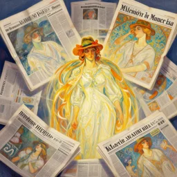 a colorful painting of a collection of newspapers, digital painting, artstation, smooth, dynamic lighting, art by delphin enjolras and alphonse mucha