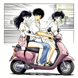 a drawing of a man and a woman riding a scooter, a comic book panel by hiromu arakawa, featured on pixiv, tachisme, rtx, anime, art
