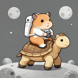 an astronaut hamster riding a turtle horseback on the moon