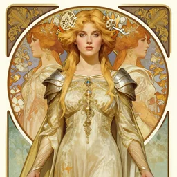 front facing symmetrical centered portrait, Imogen Poots as a Paladin, blonde hair, Art Nouveau, beautiful retro Fantasy heroine 1985, book cover, intricate, elegant, highly detailed, centered, digital painting, trending on artstation, concept art, smooth, sharp focus, illustration, art by raphael lacoste, eddie mendoza, Mucha, alex ross, WLOP