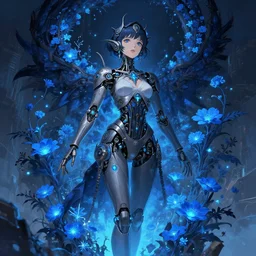 detailed, sharp, dreaming humanoid female automata wearing gothic ornament surrounded by glowing blue flowers and flora floating above a dystopia by Ilya Kuvshinov and Anna Dittmann and studio ghibli and WLOP and Rossdraws, digital art, surreal, trending on artstation, anime arts, featured on Pixiv, blue lighting, HD, 8K, highly detailed, good lighting, beautiful, epic, masterpiece