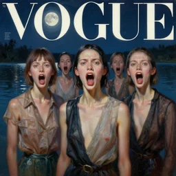 3 d, close - up, night, group of screaming fashion models standing in a night lake, moon ryas, vogue cover style, cinematic, realistic painting, intricate oil painting, high detail, figurative art, multiple exposure, poster art, 3 d, by stanley kubrick and tooth wu and wlop and beeple and greg rutkowski