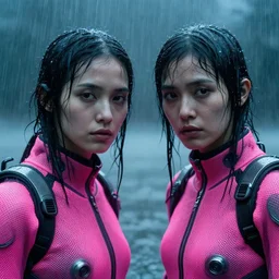 cinestill 5 0 d candid photographic portrait by helen levitt of two cyberpunks wearing rugged neon pink mesh techwear in treacherous waters, extreme closeup, modern cyberpunk moody depressing cinematic, pouring rain, 8 k, hd, high resolution, 3 5 mm, f / 3 2, ultra realistic faces, ex machina