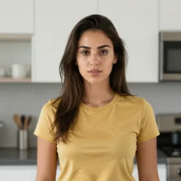 a candid photo of a brunette female, young, athletic, australian, pixellated face, wearing a gold tshirt in a kitchen