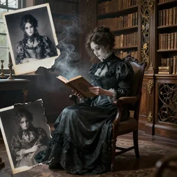 concept art, 1 9 th century matte photography, eerie ghost of a victorian woman reading in a chair, in well - lit art nouveau library room, ambient smoke, torn photograph, photorealistic, highly detailed, 8 k