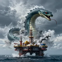 an oil rig in the middle of the ocean being destroyed by a massive sea serpent, disaster, epic, high quality, 4k