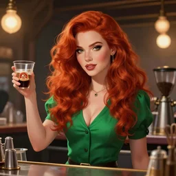 epic professional digital art of stunningly gorgeous redhead canadian female starship barista in green top, by leesha hannigan, iris van herpen, artstation, cgsociety, wlop, epic, much wow, much detail, gorgeous, detailed, masterpiece