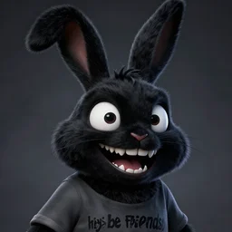 A extremely highly detailed majestic hi-res beautiful, highly detailed head and shoulders portrait of a scary terrifying, horrifying, creepy black cartoon rabbit with scary big eyes, earing a shirt laughing, hey buddy, let's be friends, in the style of Walt Disney animation