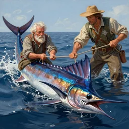a matte painting of an old man being pulled out to sea, by a marlin, in the style of, greg rutkowski, jan van de cappelle, digital painting, photorealistic, ornately detailed, unreal engine, extremely detailed masterpiece, illustration, trending on artstation