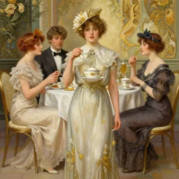 1920s girl ready for fancy afternoon tea with friends, highly detailed, digital painting, cgsociety, concept art, sharp focus, illustration, art by artgerm and greg rutkowski and alphonse mucha