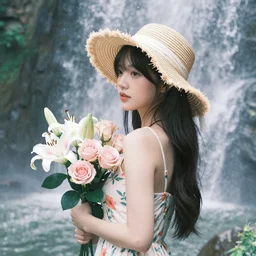 girl in flower hat, flower dress, roses, lilies, waterfall cave, water drops, overhead light, japanese carp, 4 k, 8 k