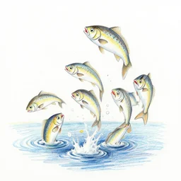 school of fish jumping above water, color pencil sketch, maximalist, white background