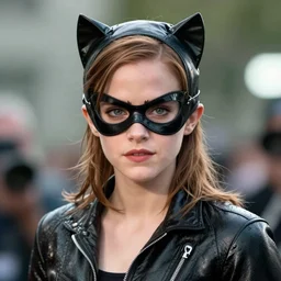Emma Watson as Catwoman, XF IQ4, f/1.4, ISO 200, 1/160s, natural light, Adobe Lightroom, DxO Photolab, polarizing filter, Sense of Depth, AI enhanced, AI rendered, HDR