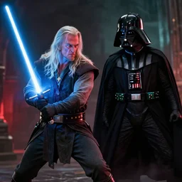 gandalf holding a lightsaber while fighting darth vader, dramatic lighting, 4 k, digital art,