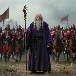cinematic shot of a mysterious old man with a staff and purple robes standing before a cavalry charge of warriors wearing red armor by Greg Rutkowski, 4k, masterpiece