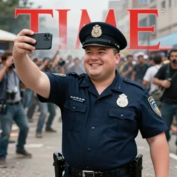 chubby cop takes a smiling selfie in front of a riot, high detail, full focus, time magazine 2 0 2 2