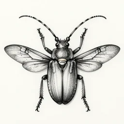 a long horn bug with ornamented wings, drawing, dot art, charcoal art, serigraphy, ink, soviet art, monochrome, dot