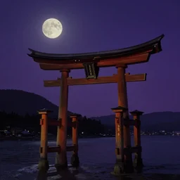 a traditional Japanese quite Torii on a mountain, dark,night , MOON IN SKY, DARK PURPLE SCHEME, by studio ghibli painting,by Joaquin Sorolla rhads Leyendecker, by Ohara Koson and Thomas Kinkade