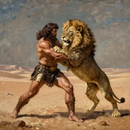 Conan the barbarian wrestling a lion in the desert, oil painting by Peter Paul Rubens, hd, sharp focus,