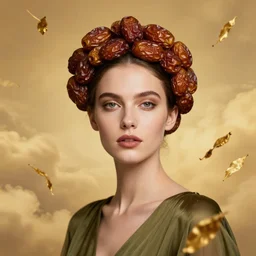 epic portrait of beautiful female face supermodel portrait wearing dried dates crown, olive dress, golden tea leaves flying in sky by amy leibowitz, wlop, jeremy lipkin, beeple, intricate, artgerm, ilya kuvshinov, golden clouds background